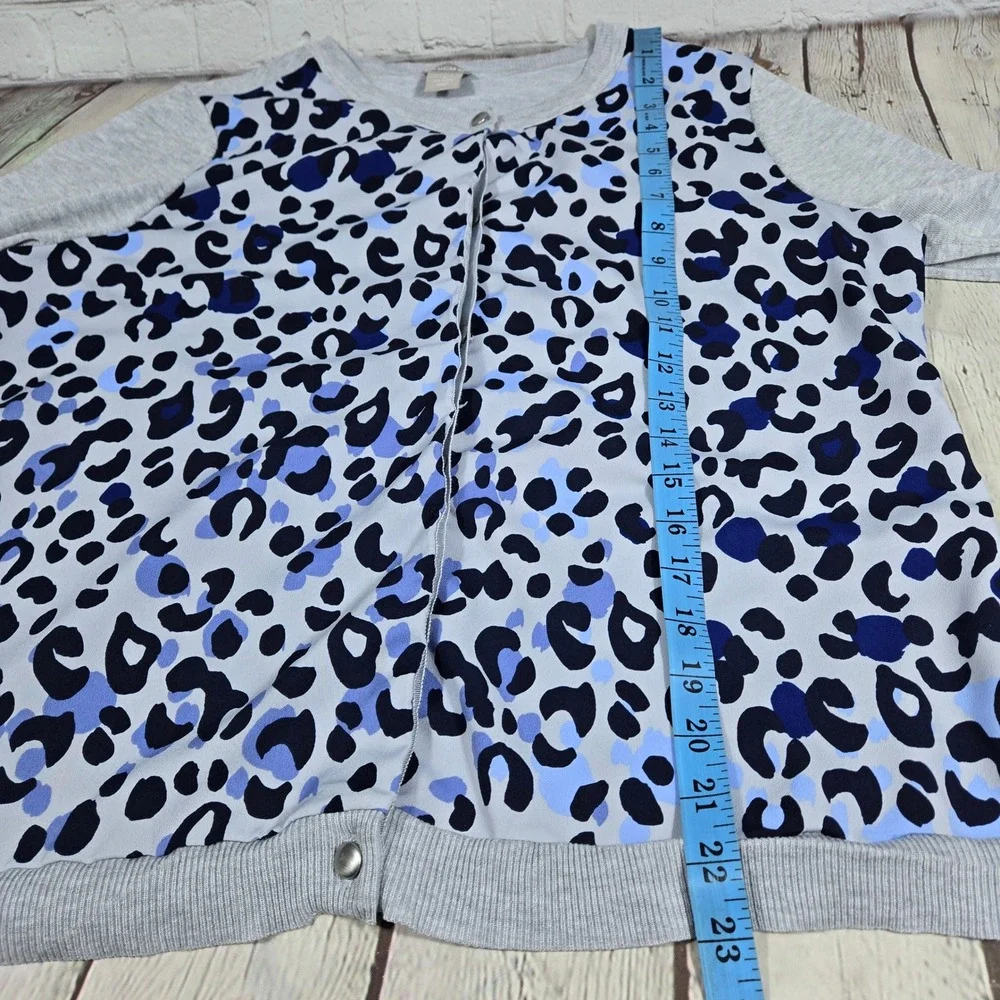 Chico's Grey Blue Leopard‎ Print Mixed Media Button Front Cardigan Sweater M